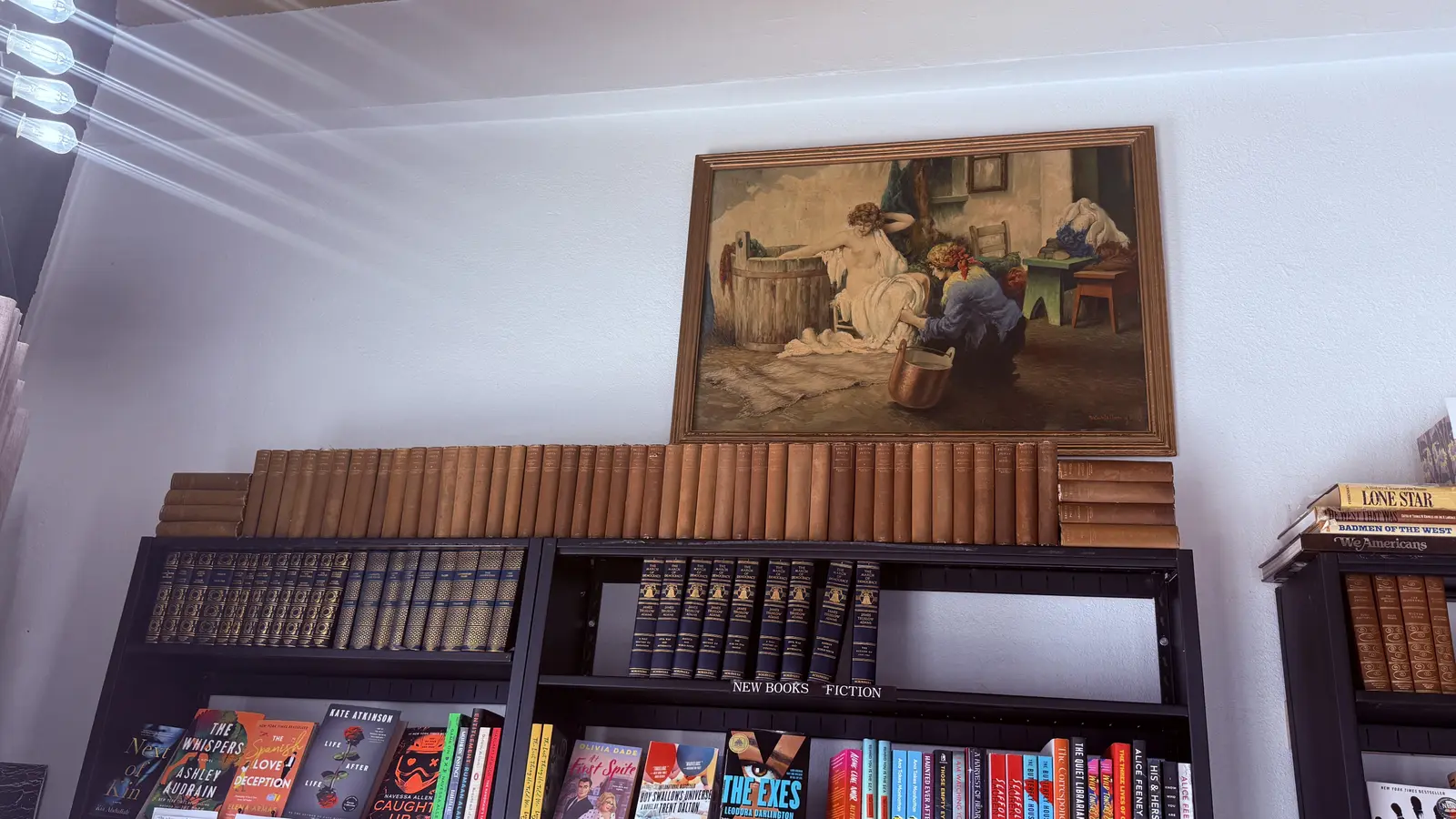Vintage framed painting displayed above the New Books Fiction shelf.
