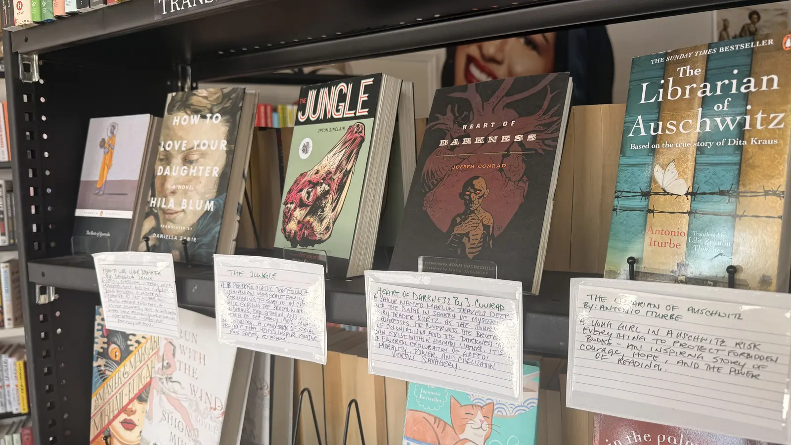 Handwritten recommendation cards for How to Love Your Daughter, The Jungle, Heart of Darkness, and The Librarian of Auschwitz.