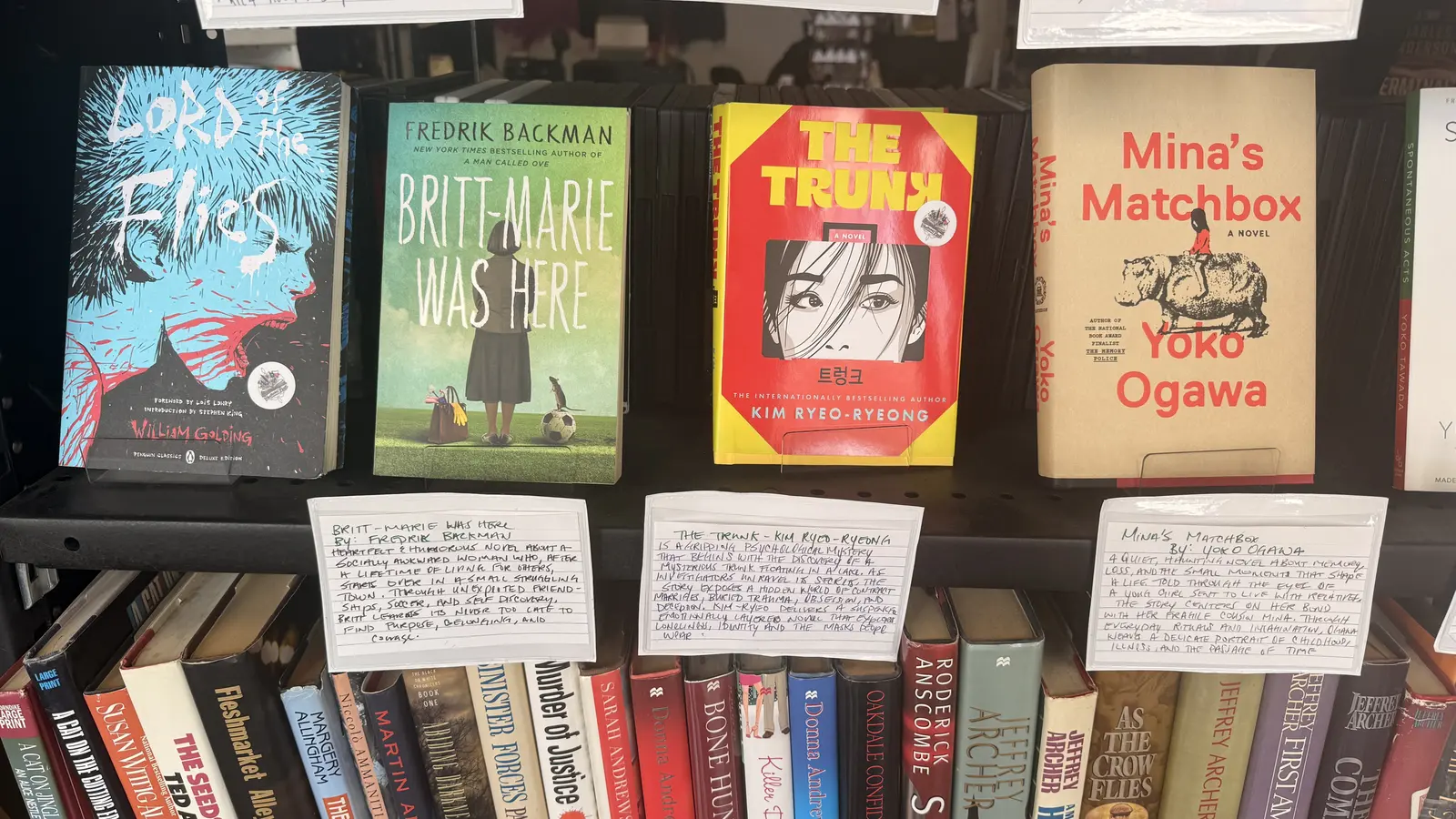 Handwritten recommendation cards for Lord of the Flies, Britt-Marie Was Here, The Trunk, and Mina's Matchbox.